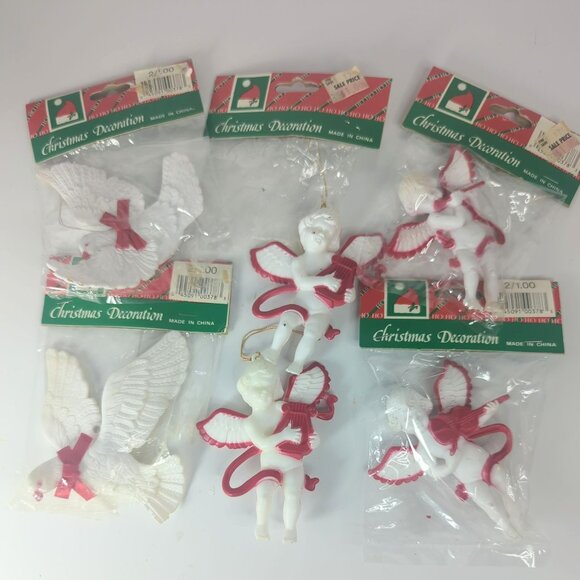 Vintage Christmas Angel Dove Red White Plastic Ornaments Set - Picture 1 of 3
